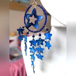 Blue star chandelier earrings made from shells and beaded